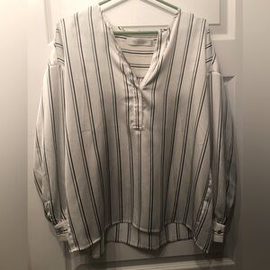 White, black and green striped blouse, size M